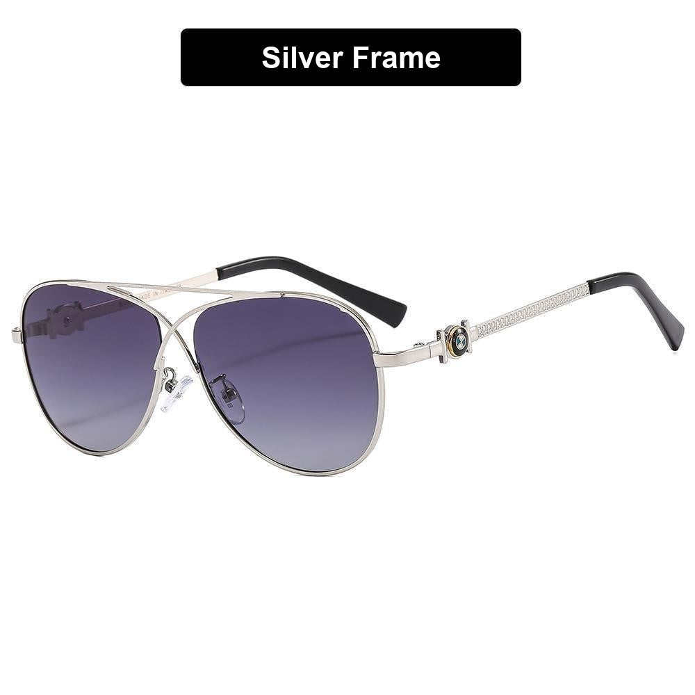 Silver frame BMW aviator sunglasses with gray gradient lens