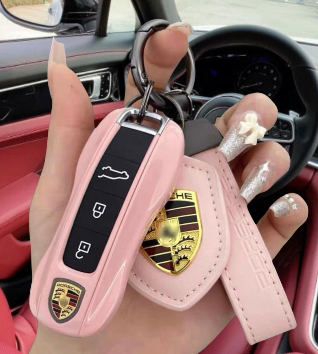 Porsche Key Case Set – Glossy Shell with Wrist Strap and Crest Keychain for Macan, Cayenne, Panamera, 911, Taycan and 718