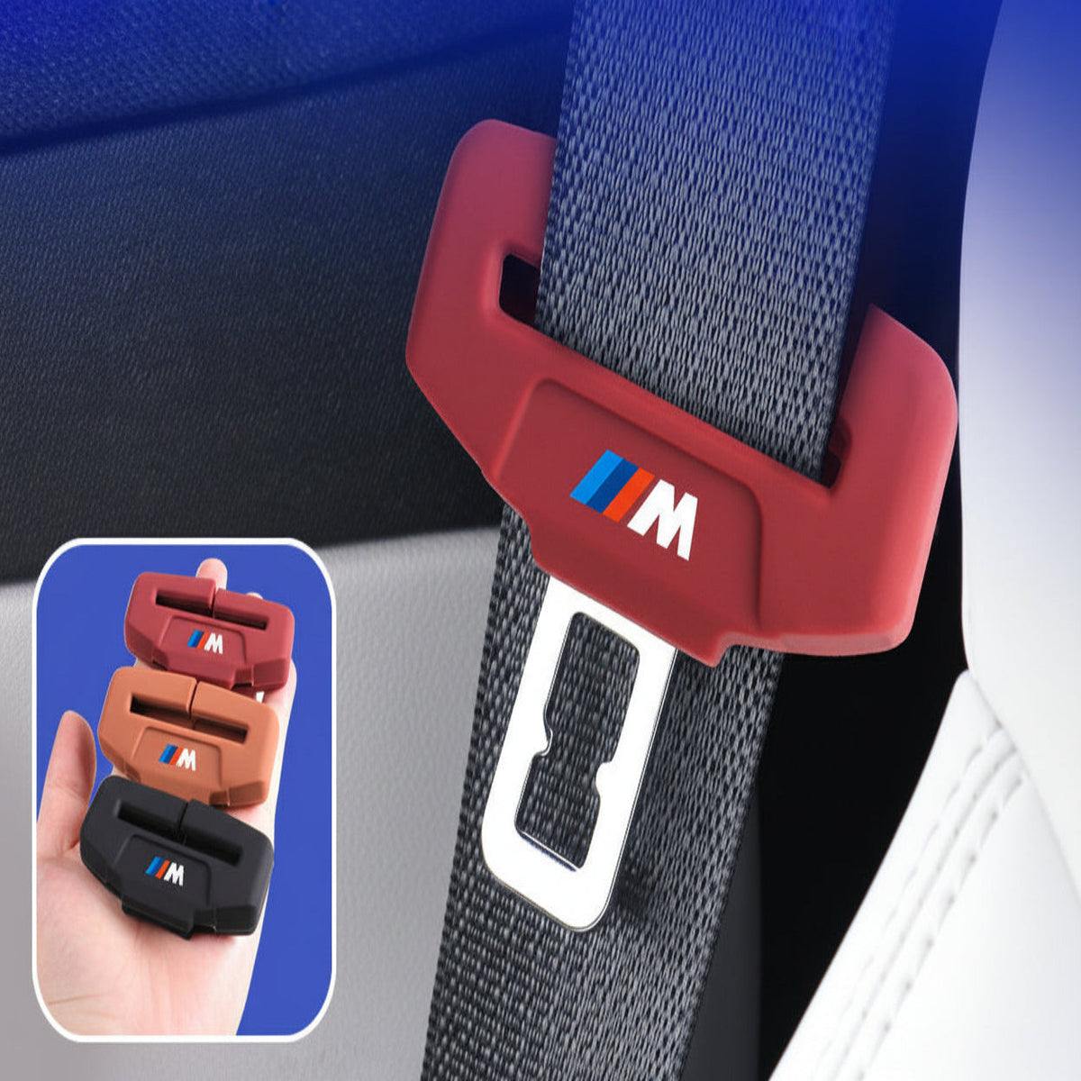 BMW M seat belt buckle silicone cover lifestyle photo with color options