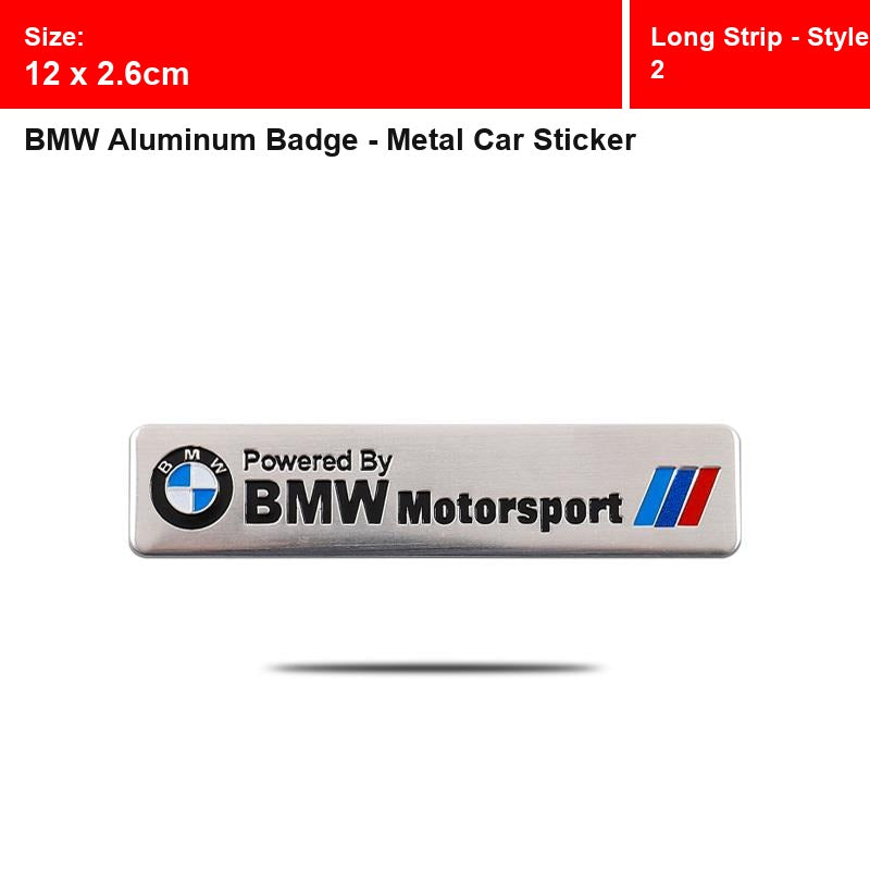 BMW aluminum badge, Long Strip - Style 2 design, size 12 x 2.6cm