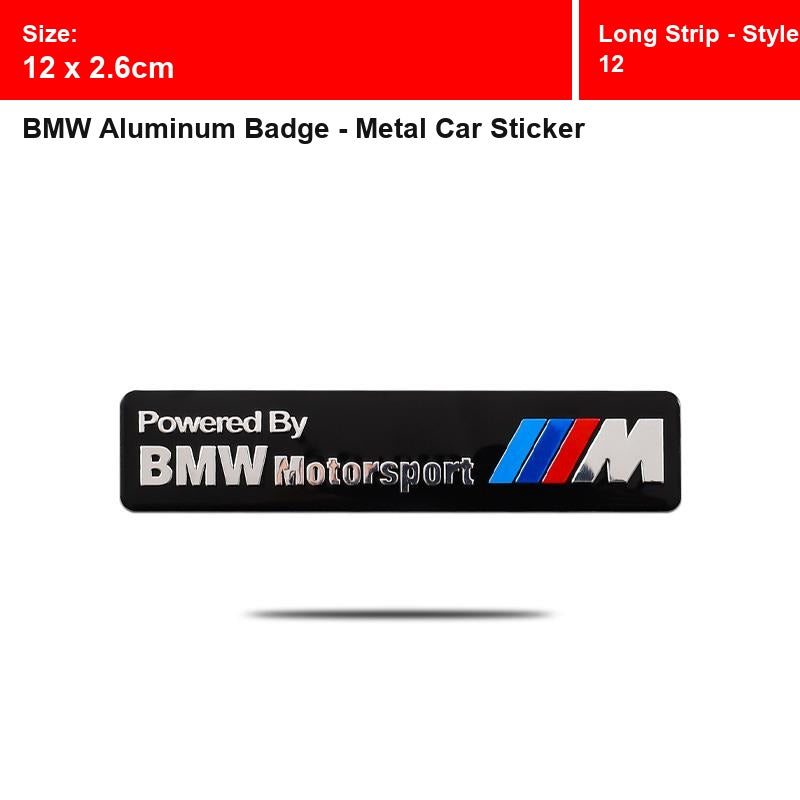 BMW aluminum badge, Long Strip - Style 12 design, size 12 x 2.6cm