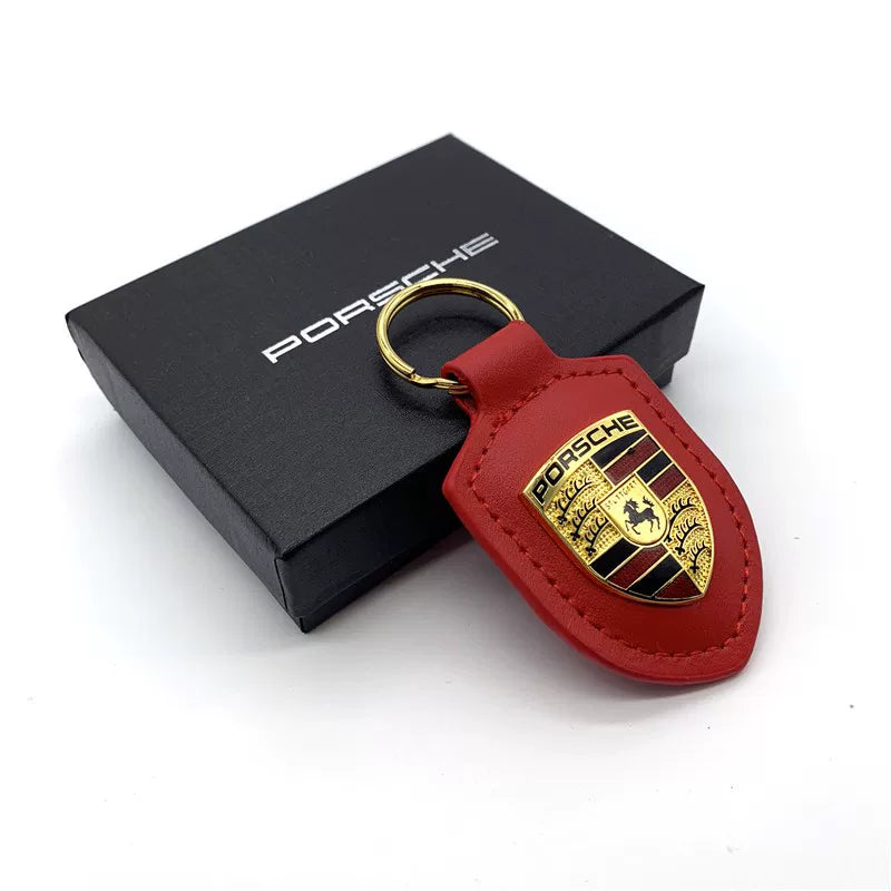 Porsche red leather crest fob only on gold-tone key ring