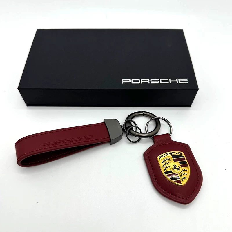 Porsche crest leather key fob in Bordeaux Red