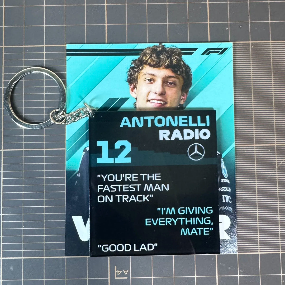 Antonelli Radio acrylic pendant keychain with #12 and team radio quotes