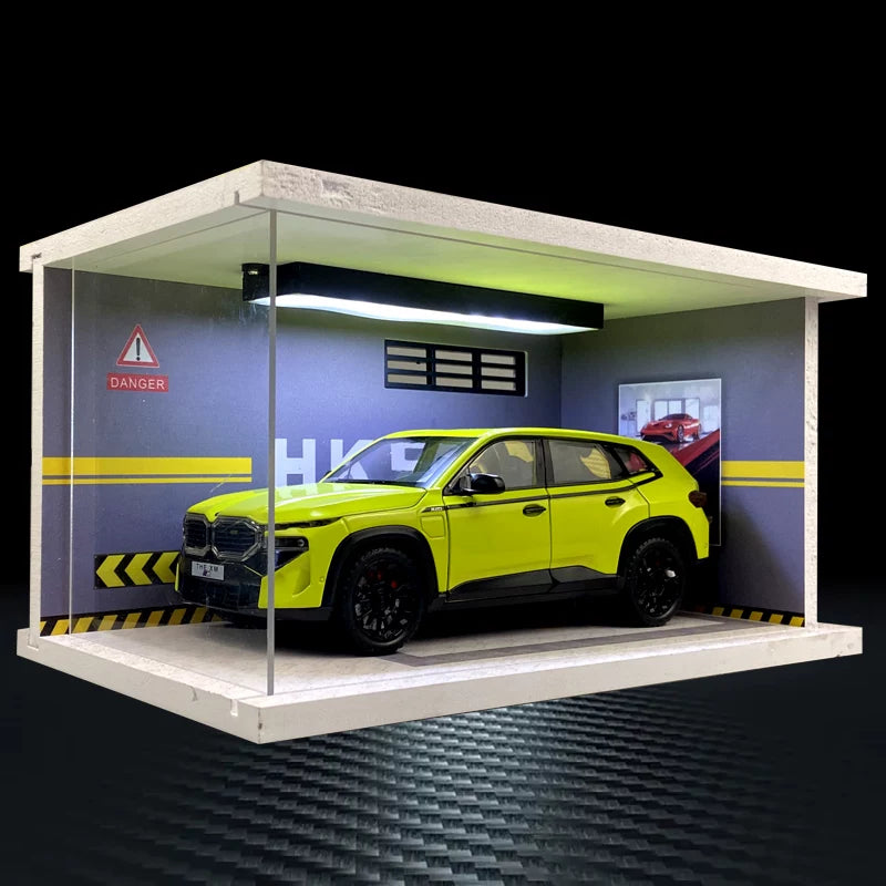 Neon Green 1:24 BMW XM diecast model – LED Luxury Garage B – Blue Workshop