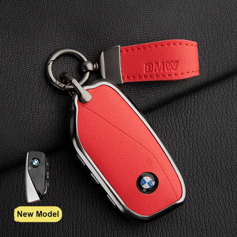 BMW New Model key fob case in Grapefruit Red ALRAN French goat leather with BMW Pendant Keyring - fits X1 X3 X5 X7, 5/7 Series, 740Li, i7