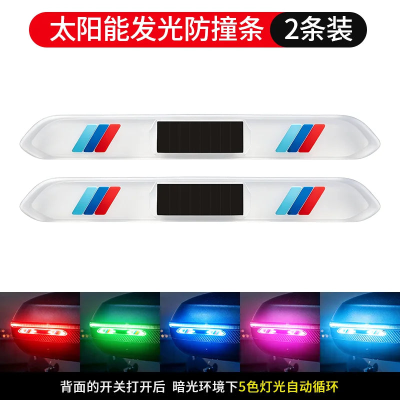 Solar illumination on car doors, colorful anti-rear-end collision warning lights, anti-collision strips, electric motorcycle flashing lights, and wire-free ambient lights