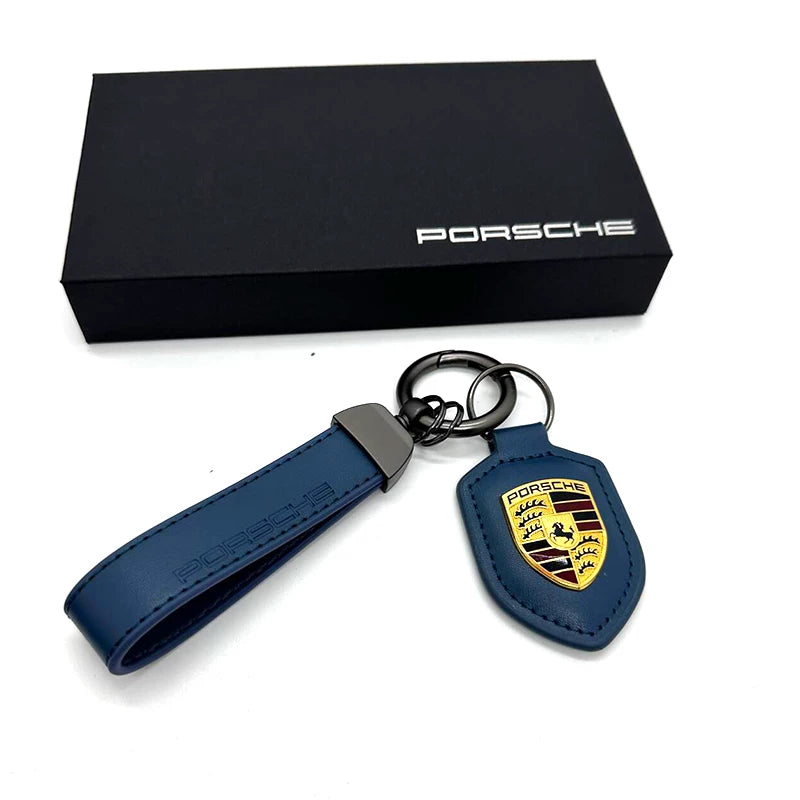 Porsche crest leather key fob in Navy Blue
