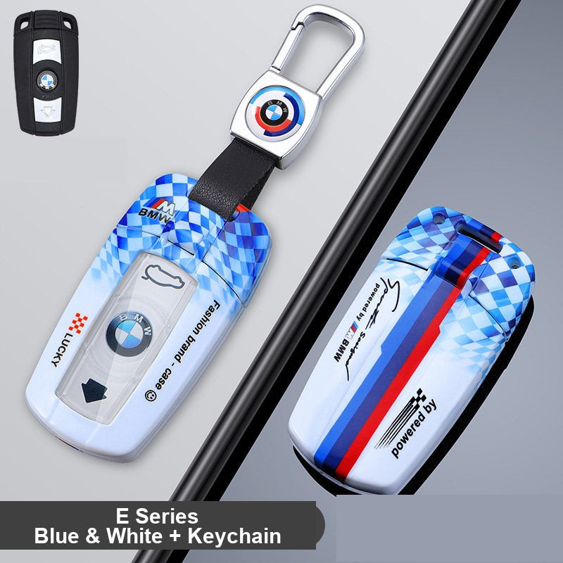 BMW E-Series key fob case - blue and white shell with keychain clasp