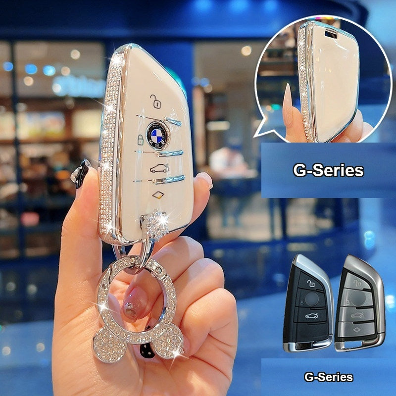 BMW key case Style B (G-Series) - Cream White/Silver Edge + Snowflake D-Buckle & Mickey Charm