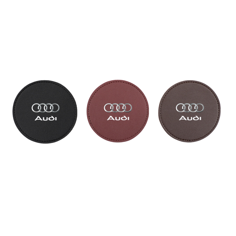 Audi Signature Stitched Leather Cup Coasters – Four Rings Pair in Black, Mocha or Red