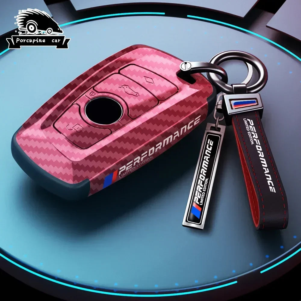 BMW carbon fiber key fob case, red finish, top view