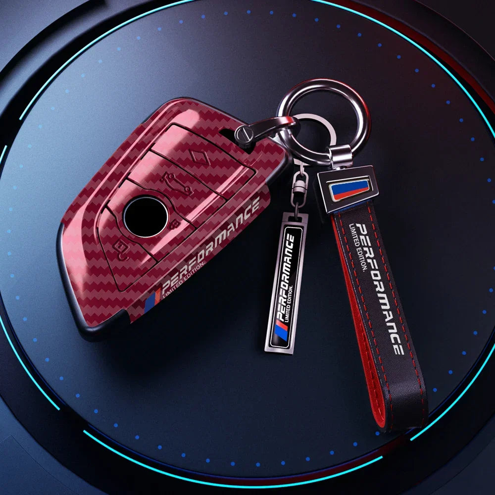 BMW carbon fiber key cover in red with keychain