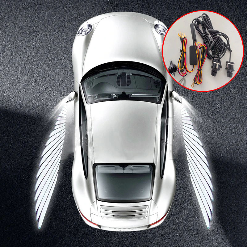 LED angel wing welcome light projected from car mirror aerial view