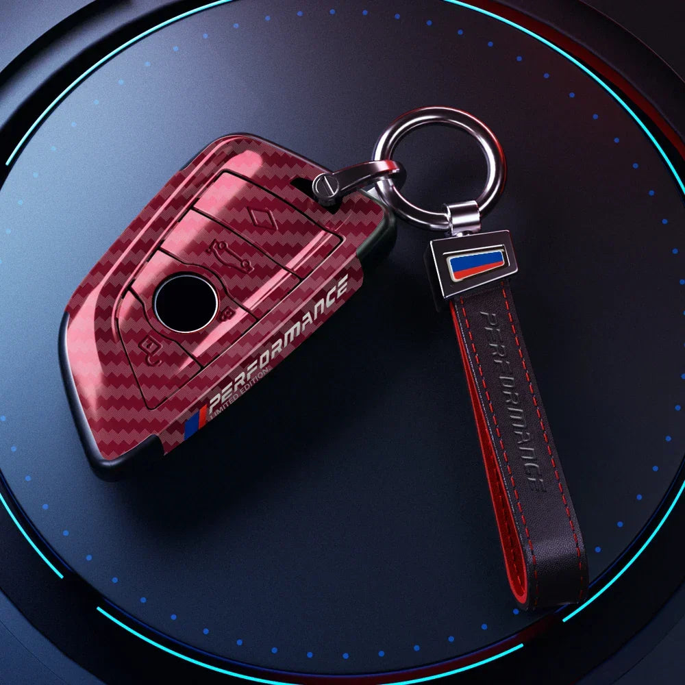 BMW carbon fiber key cover red leather style