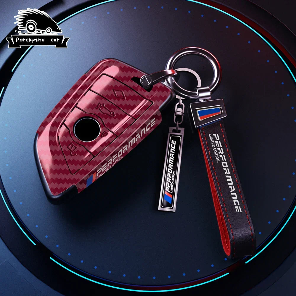 BMW carbon fiber key cover red leather pro style