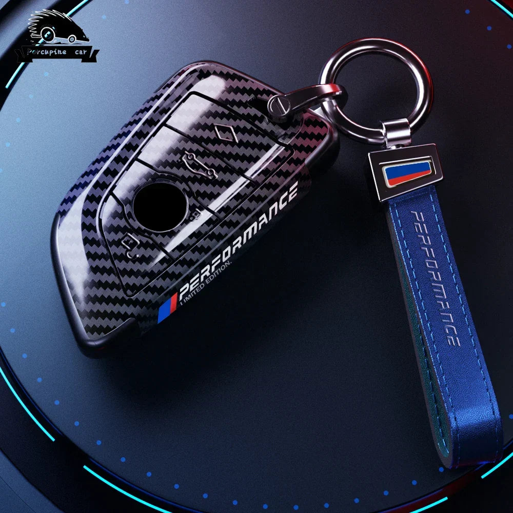 BMW carbon fiber key cover black leather style