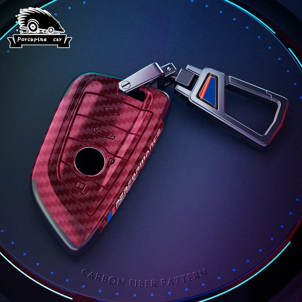 BMW carbon fiber key cover red metal style