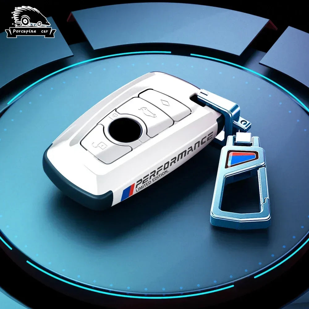 BMW white carbon key case with keychain, glossy finish