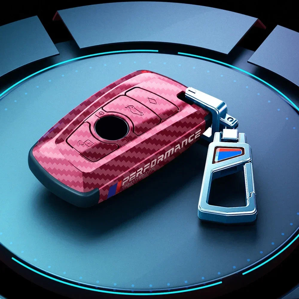 BMW red carbon fiber key fob case with M Performance keychain