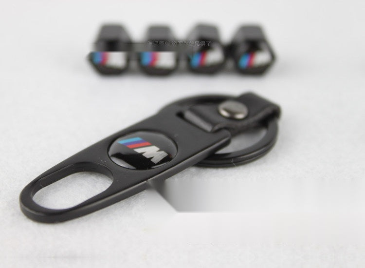 BMW M valve caps with anti-theft keychain wrench tool