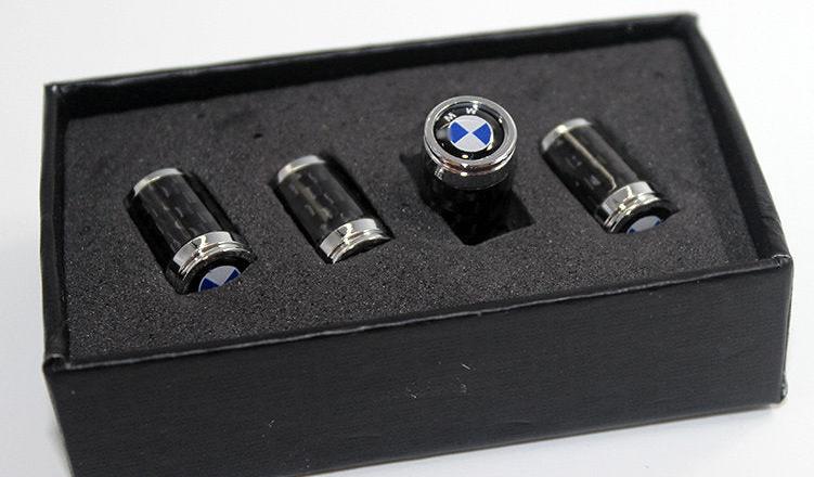 BMW copper-core carbon fiber tire valve caps with BMW roundel, gift box