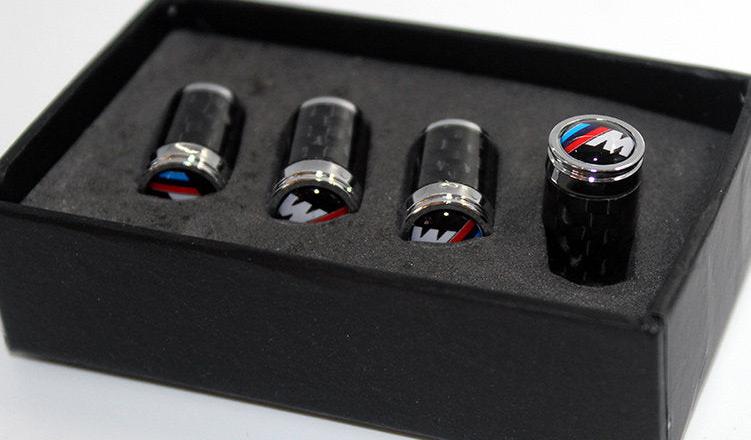 BMW copper-core carbon fiber tire valve caps with M logo sport finish, gift box