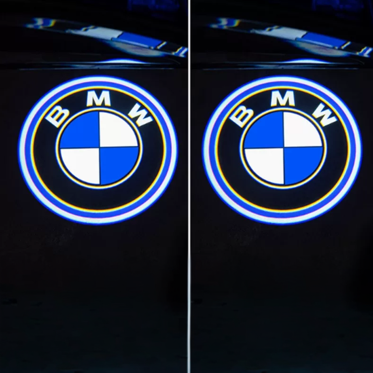BMW roundel logo door projector light, pair on dark background