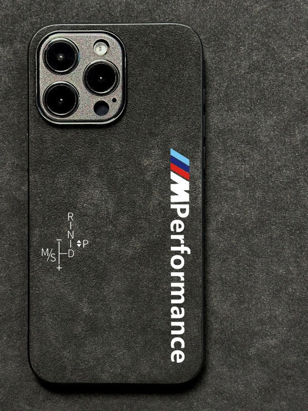 Alcantara suede iPhone case in grey black with BMW M Performance logo and gear-shift pattern