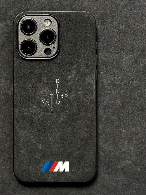Alcantara suede iPhone case in grey black with BMW M logo and gear-shift pattern