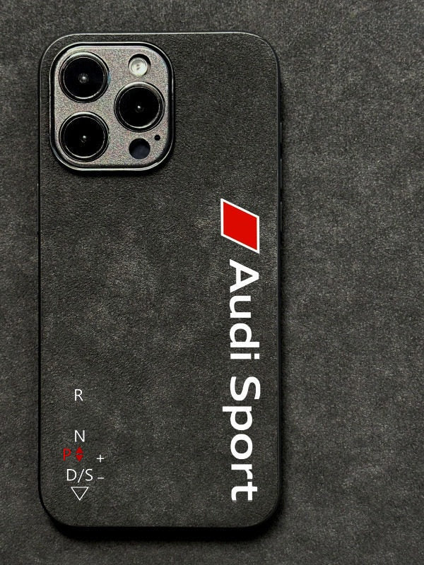 Alcantara suede iPhone case in grey black with Audi Sport logo and gear-shift pattern