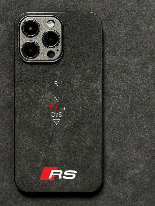 Alcantara suede iPhone case in grey black with Audi RS logo and gear-shift pattern