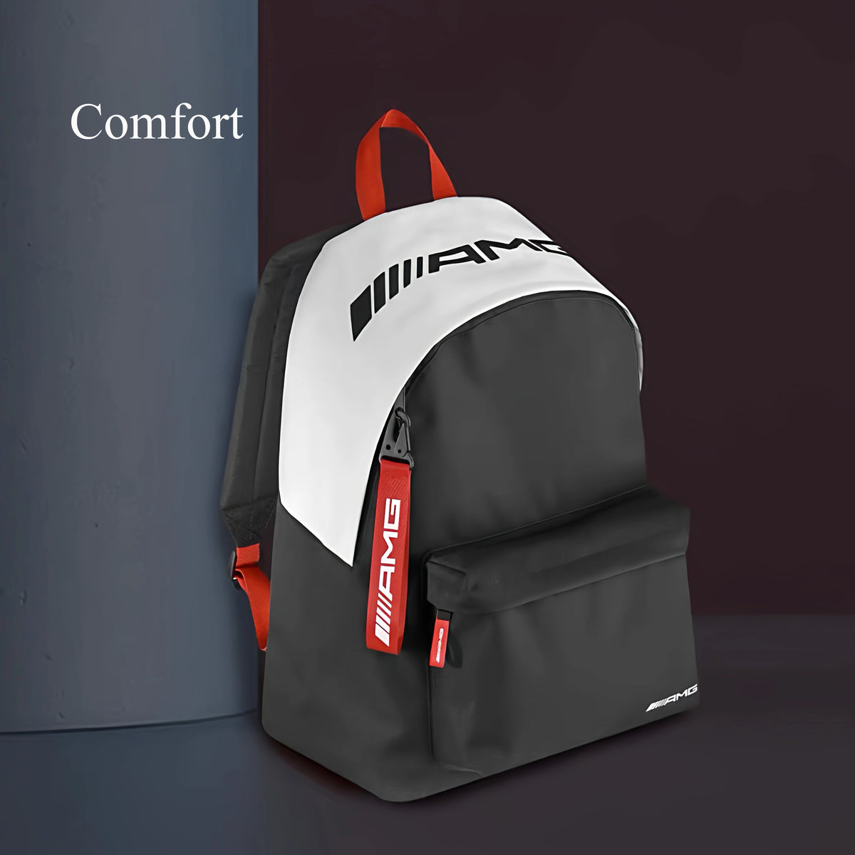 Mercedes-AMG black and white backpack with red AMG key strap - comfort