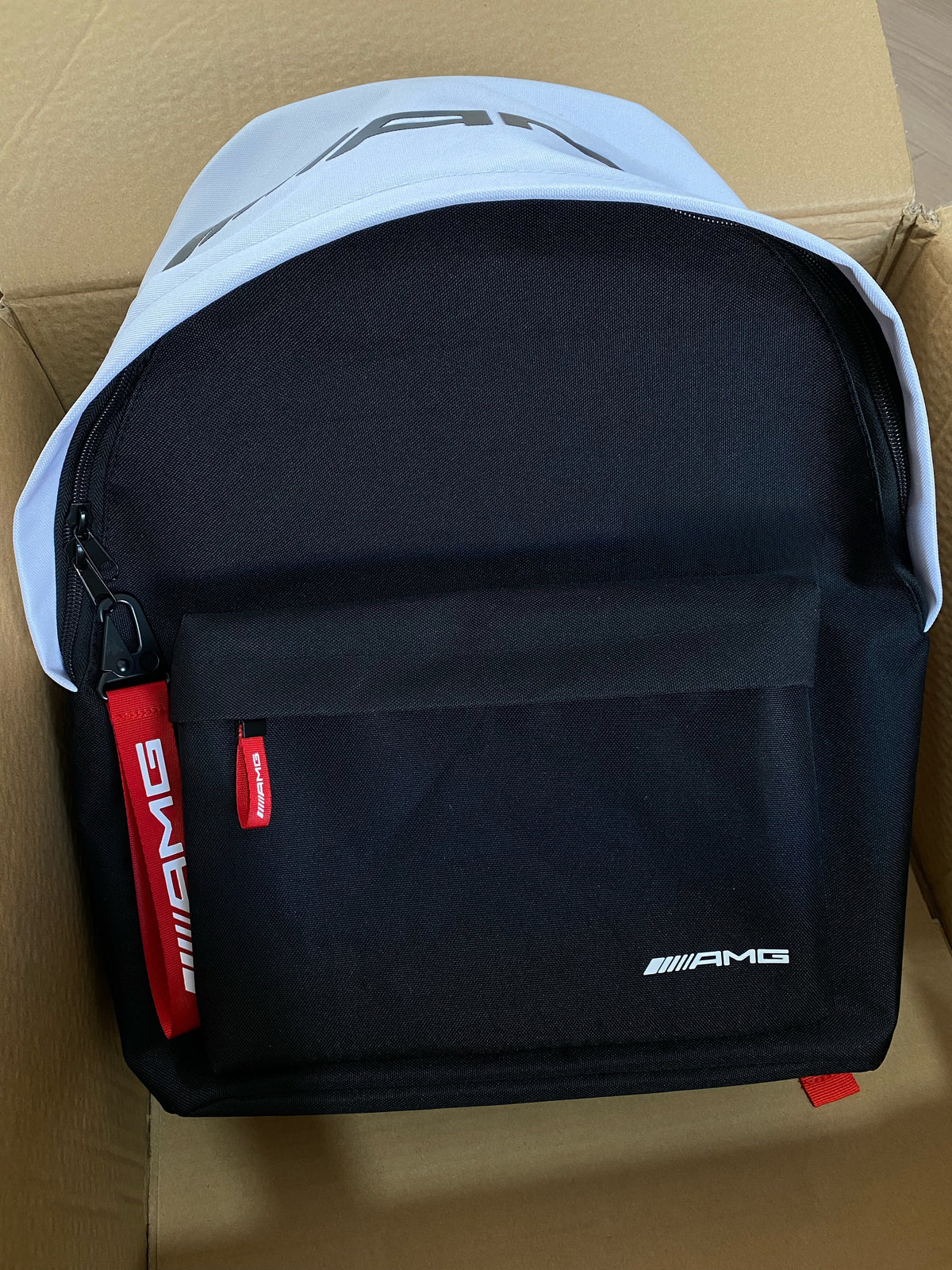 Mercedes-AMG backpack real photo with red AMG strap and front pocket