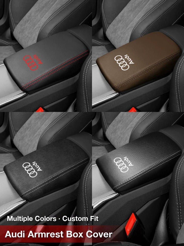 Audi armrest box cover in four finishes: black leather, mocha brown, black suede and carbon fiber pattern