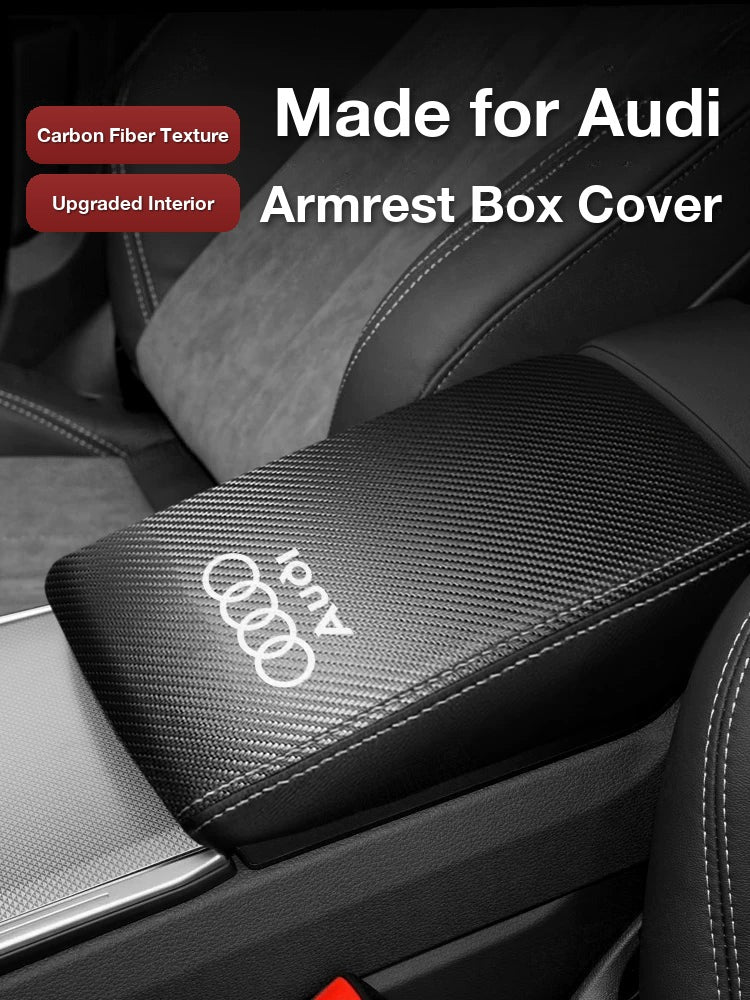 Audi A6L / A7 armrest box cover in carbon fiber pattern with Audi rings logo