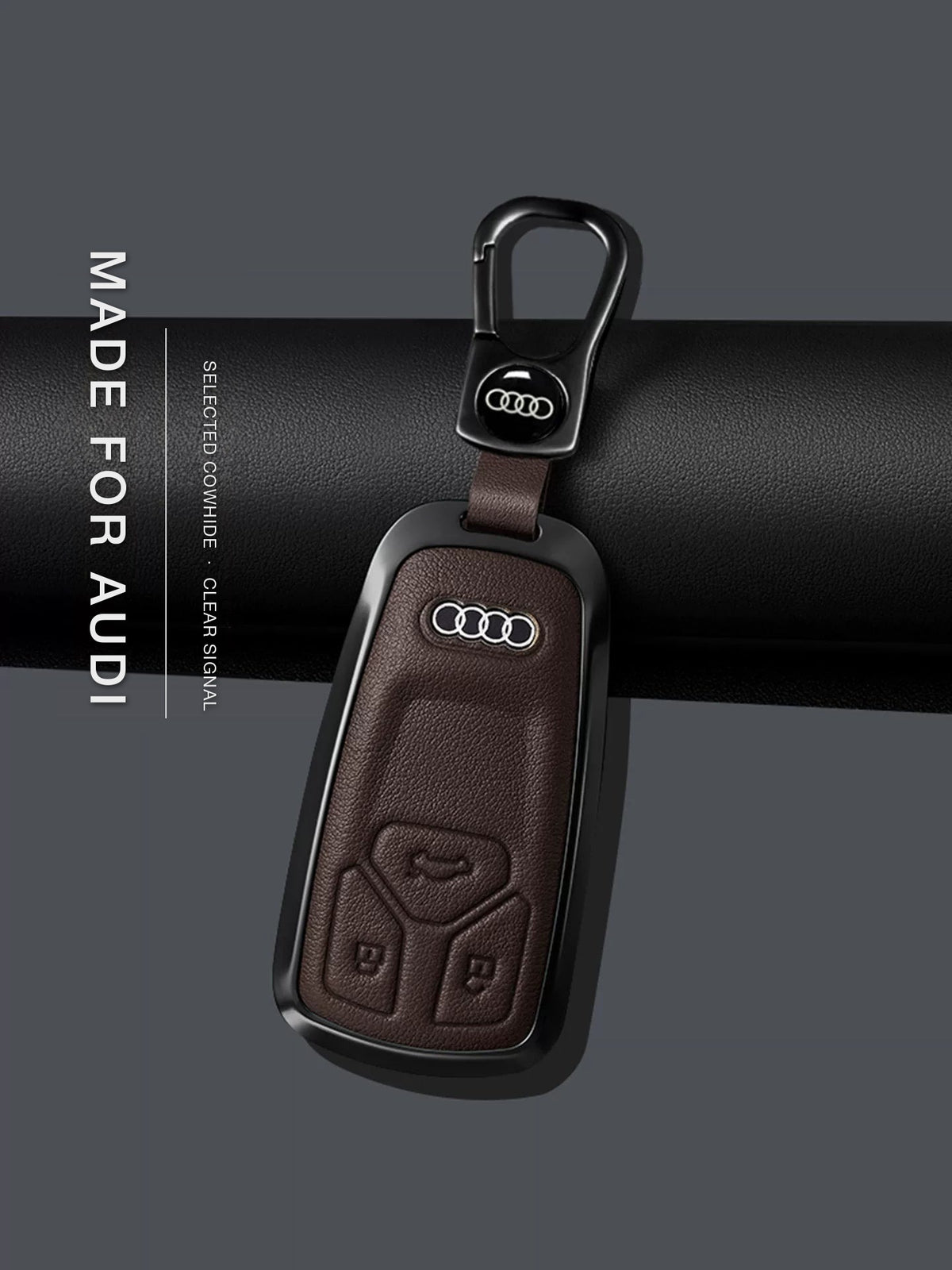 Audi Signature Bezel Key Case – Brown cowhide, gunmetal frame, Type A key