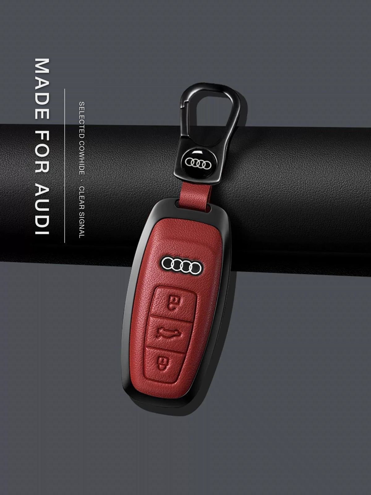 Audi Signature Bezel Key Case – Red cowhide, gunmetal frame, Type B key
