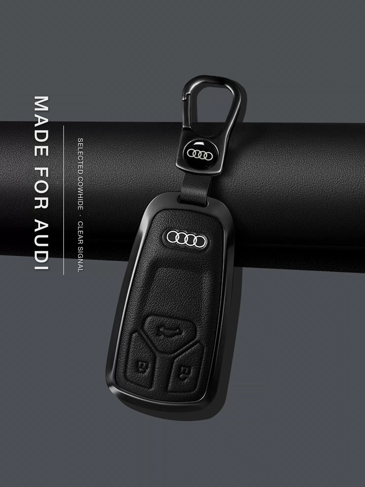 Audi Signature Bezel Key Case – Black cowhide, gunmetal frame, Type A key