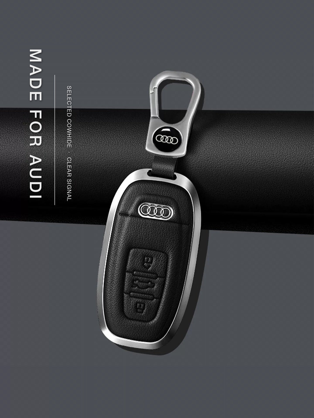Audi Signature Bezel Key Case – Black cowhide, silver frame, Type C key