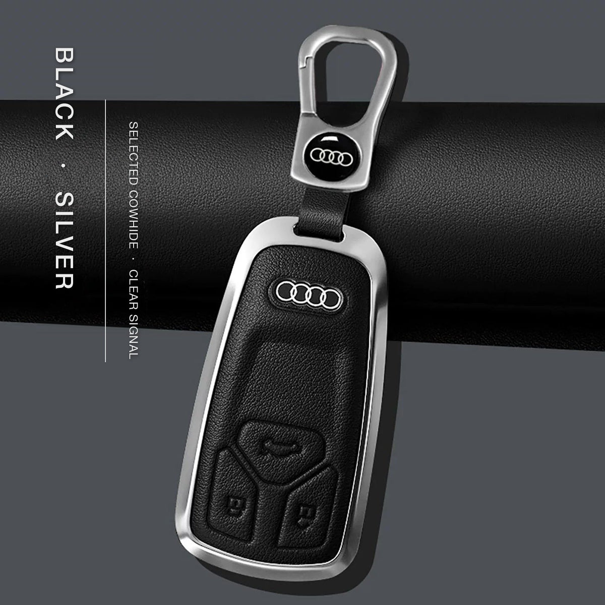 Audi Signature Bezel Key Case – Black cowhide, silver frame with keychain, Type A key
