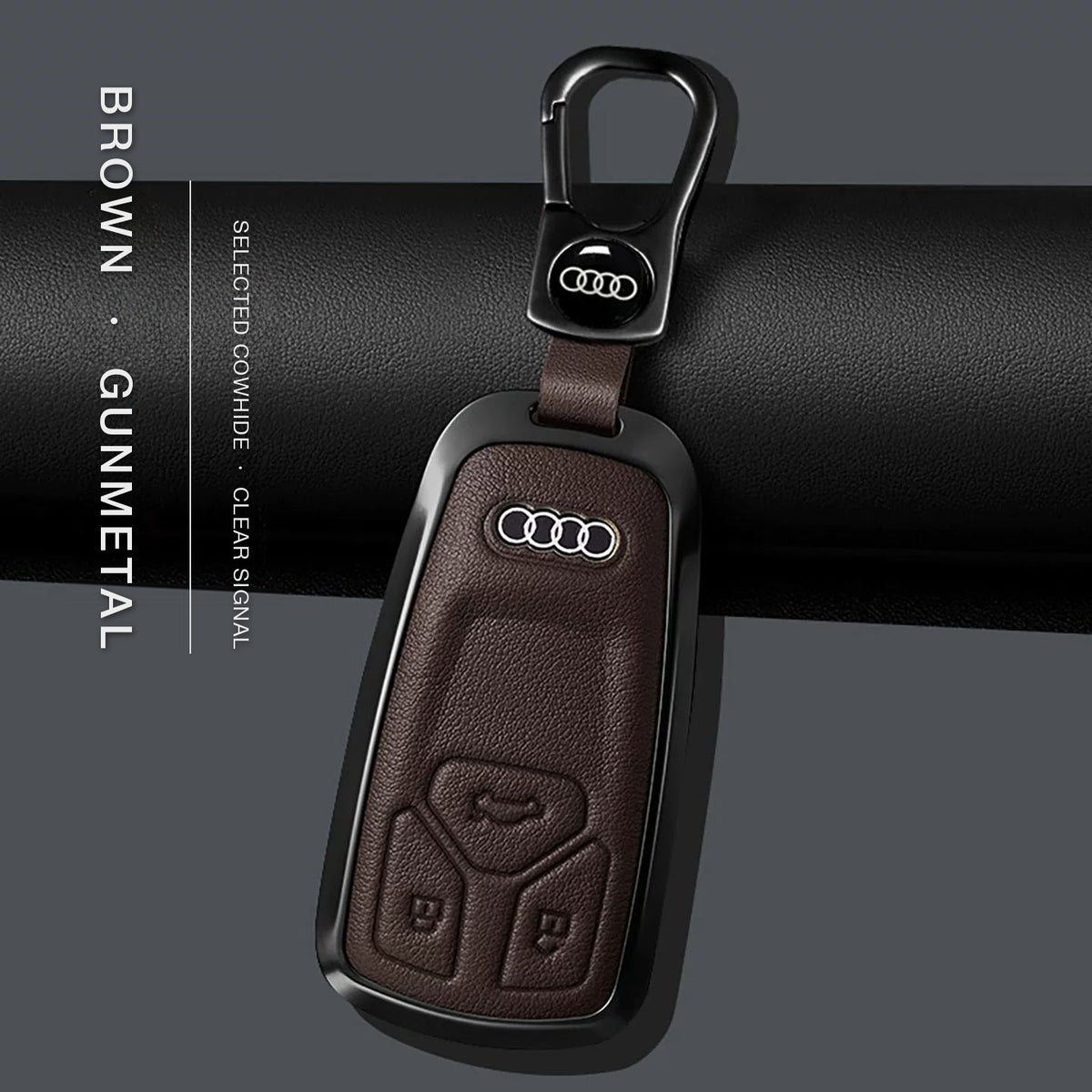 Audi Signature Bezel Key Case – Brown cowhide, gunmetal frame with keychain, Type A key