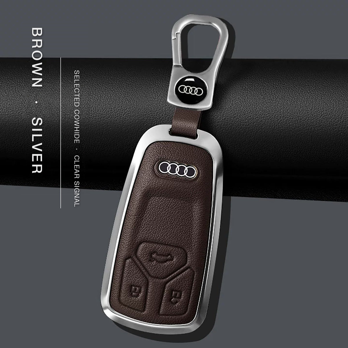 Audi Signature Bezel Key Case – Brown cowhide, silver frame with keychain, Type A key