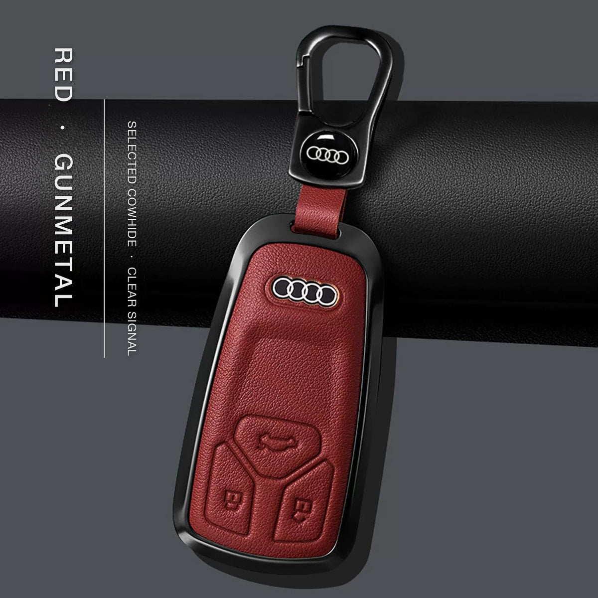 Audi Signature Bezel Key Case – Red cowhide, gunmetal frame with keychain, Type A key