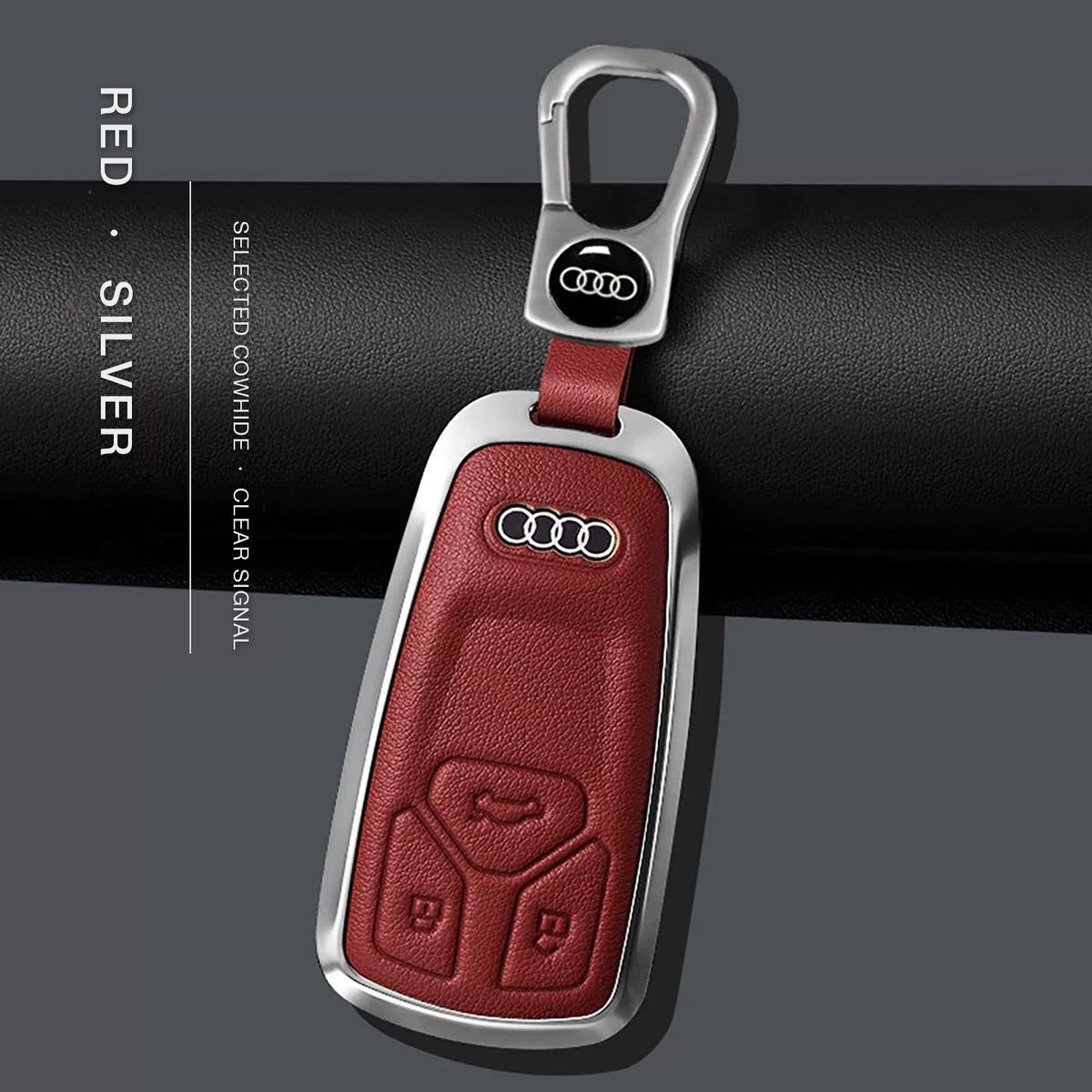 Audi Signature Bezel Key Case – Red cowhide, silver frame with keychain, Type A key