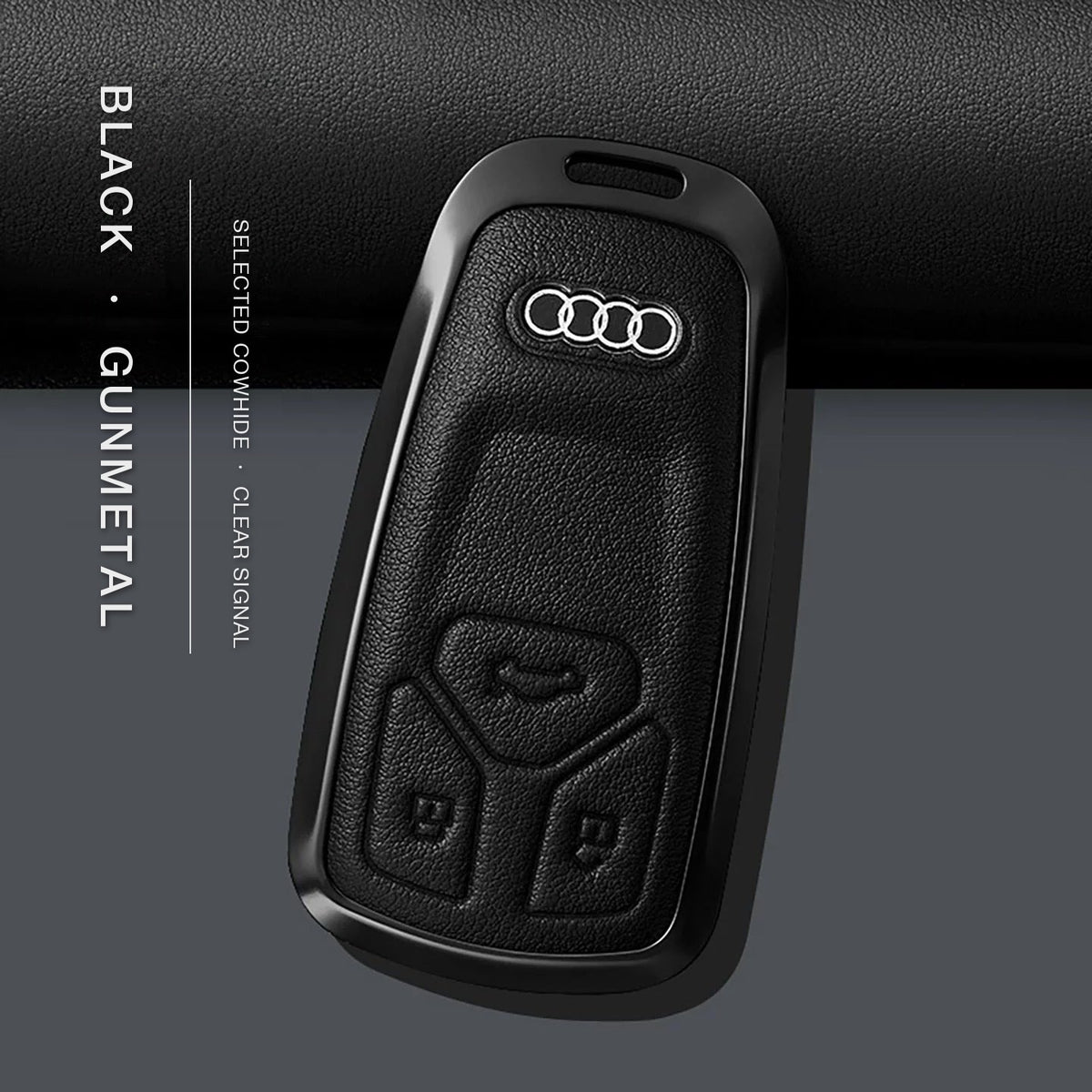 Audi Signature Bezel Key Case – Black cowhide, gunmetal frame (case only), Type A key