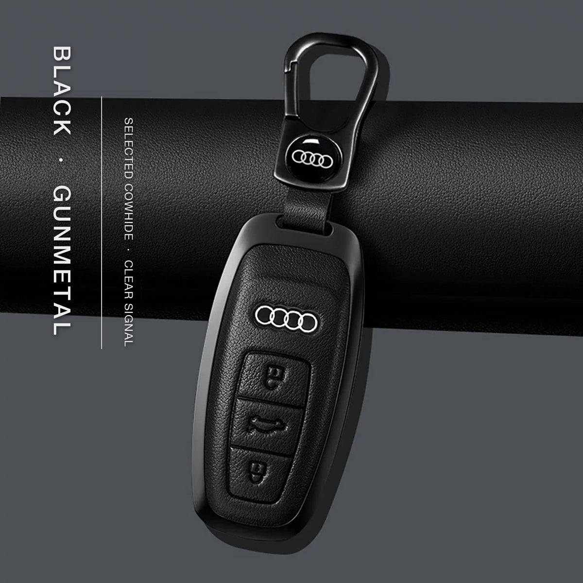 Audi Signature Bezel Key Case – Black cowhide, gunmetal frame with keychain, Type B key