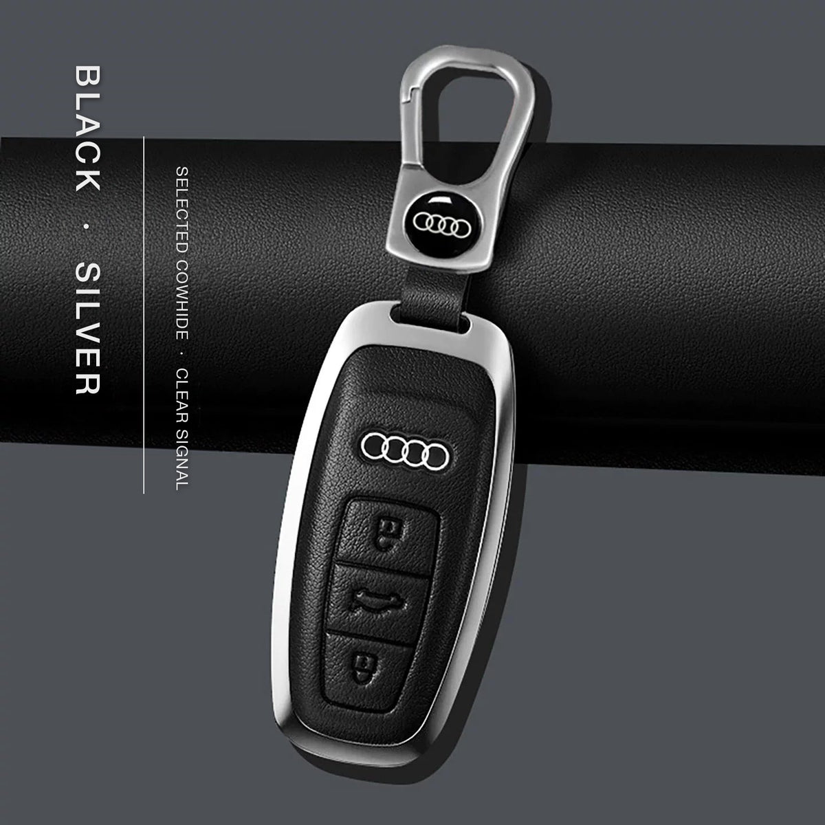 Audi Signature Bezel Key Case – Black cowhide, silver frame with keychain, Type B key