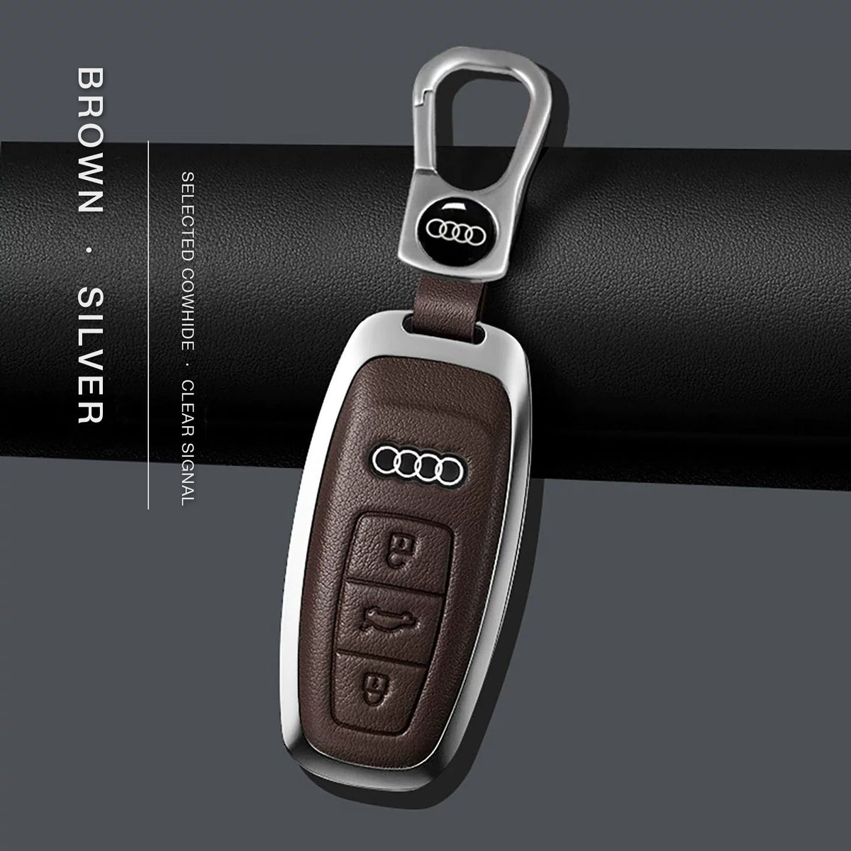 Audi Signature Bezel Key Case – Brown cowhide, silver frame with keychain, Type B key