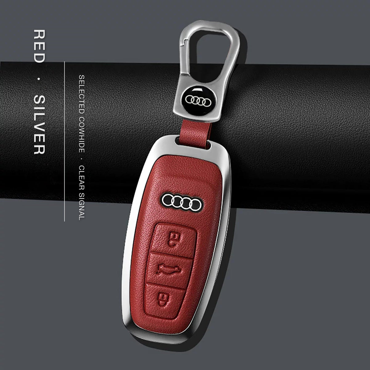 Audi Signature Bezel Key Case – Red cowhide, silver frame with keychain, Type B key